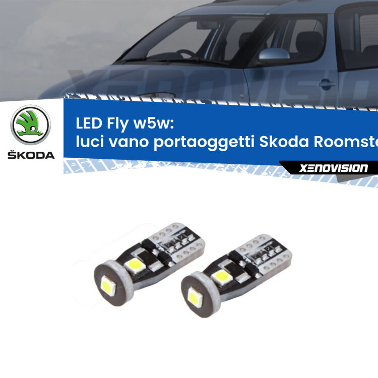 <strong>luci vano portaoggetti LED per Skoda Roomster</strong> 5J 2006 - 2015. Coppia lampadine <strong>w5w</strong> Canbus compatte modello Fly Xenovision.