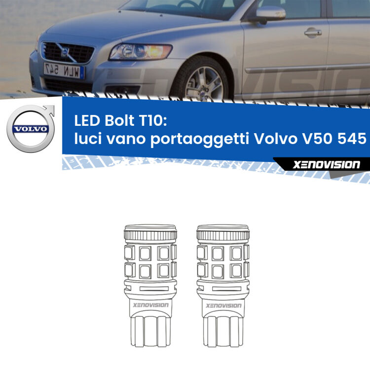 <strong>Luci Vano Portaoggetti LED per Volvo V50</strong> 545 2003 - 2012. Coppia lampade <strong>T10</strong> modello Bolt canbus.