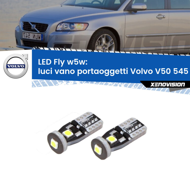 <strong>luci vano portaoggetti LED per Volvo V50</strong> 545 2003 - 2012. Coppia lampadine <strong>w5w</strong> Canbus compatte modello Fly Xenovision.