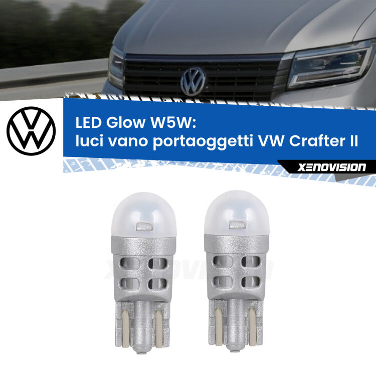 <strong>Luci Vano Portaoggetti LED luce calda per VW Crafter</strong> II 2016 in poi. Coppia lampade <strong>W5W</strong> modello Glow di Xenovision.