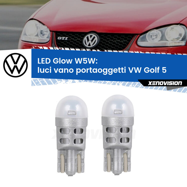 <strong>Luci Vano Portaoggetti LED luce calda per VW Golf 5</strong>  2003 - 2009. Coppia lampade <strong>W5W</strong> modello Glow di Xenovision.