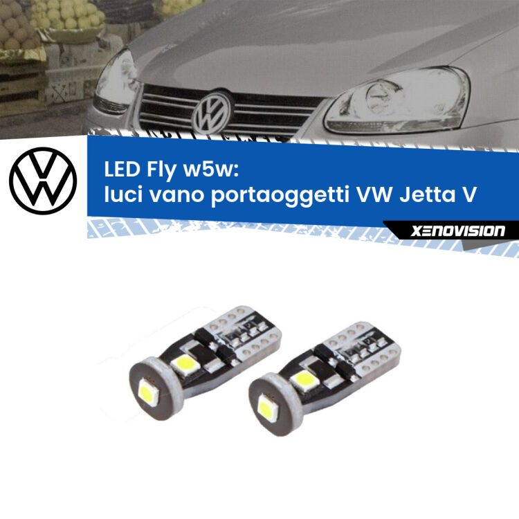 <strong>luci vano portaoggetti LED per VW Jetta</strong> V 2005 - 2010. Coppia lampadine <strong>w5w</strong> Canbus compatte modello Fly Xenovision.