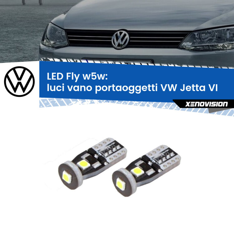 <strong>luci vano portaoggetti LED per VW Jetta</strong> VI 2010 - 2017. Coppia lampadine <strong>w5w</strong> Canbus compatte modello Fly Xenovision.