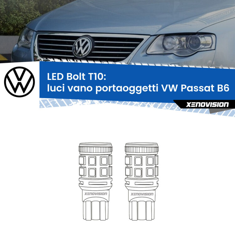 <strong>Luci Vano Portaoggetti LED per VW Passat</strong> B6 2005 - 2010. Coppia lampade <strong>T10</strong> modello Bolt canbus.