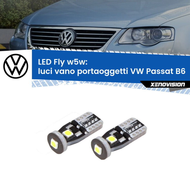 <strong>luci vano portaoggetti LED per VW Passat</strong> B6 2005 - 2010. Coppia lampadine <strong>w5w</strong> Canbus compatte modello Fly Xenovision.