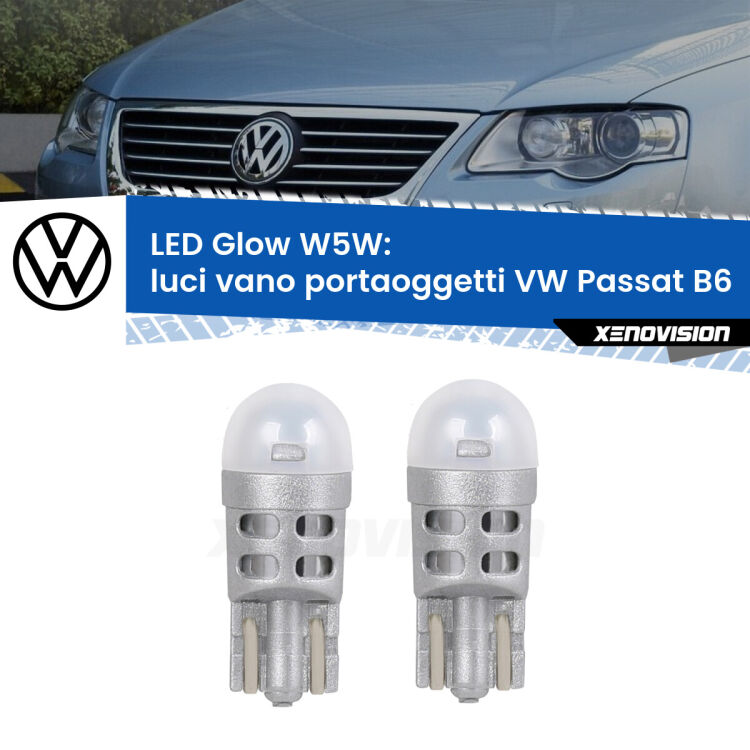 <strong>Luci Vano Portaoggetti LED luce calda per VW Passat</strong> B6 2005 - 2010. Coppia lampade <strong>W5W</strong> modello Glow di Xenovision.