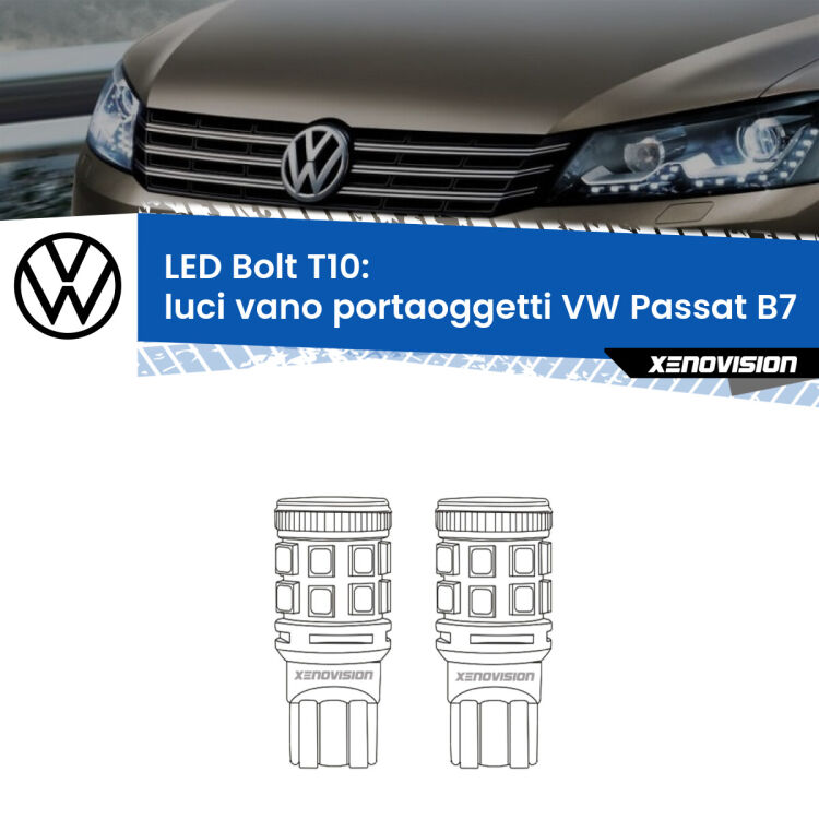 <strong>Luci Vano Portaoggetti LED per VW Passat</strong> B7 2010 - 2014. Coppia lampade <strong>T10</strong> modello Bolt canbus.