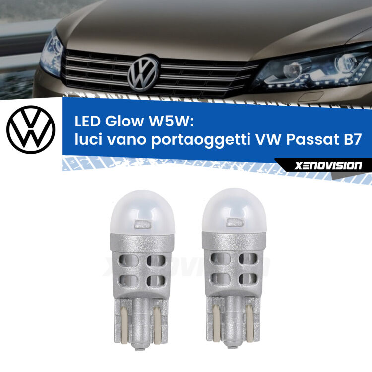 <strong>Luci Vano Portaoggetti LED luce calda per VW Passat</strong> B7 2010 - 2014. Coppia lampade <strong>W5W</strong> modello Glow di Xenovision.