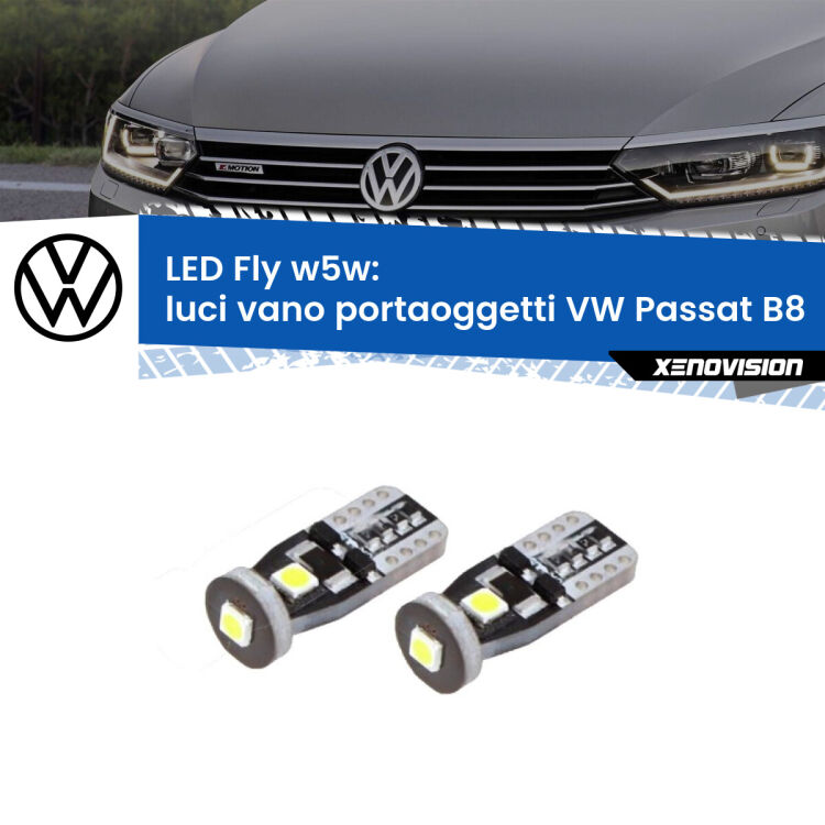 <strong>luci vano portaoggetti LED per VW Passat</strong> B8 2014 - 2017. Coppia lampadine <strong>w5w</strong> Canbus compatte modello Fly Xenovision.