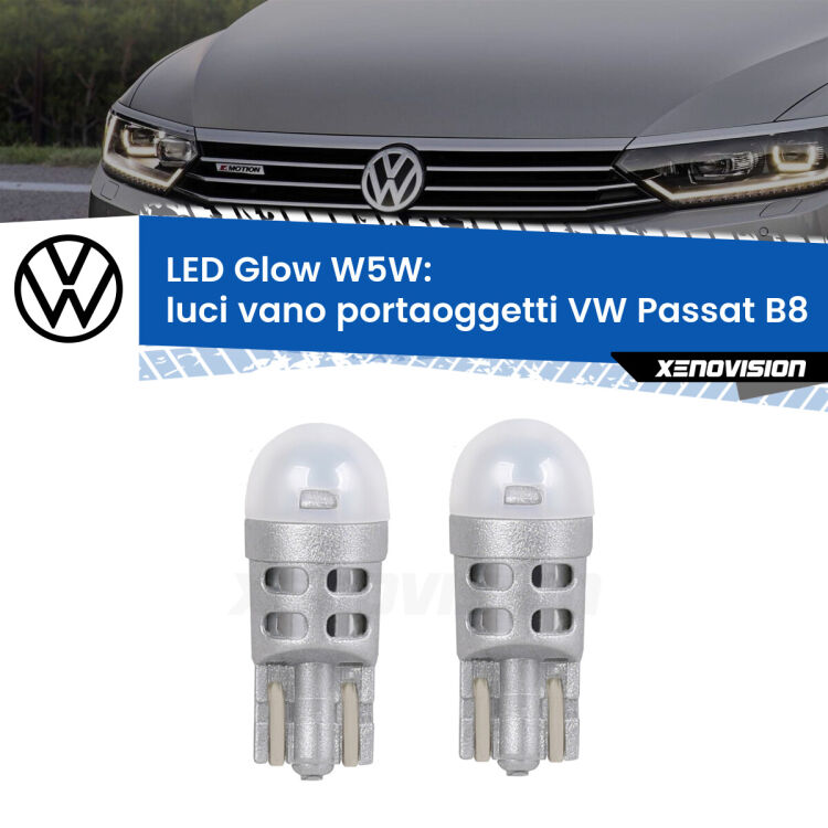 <strong>Luci Vano Portaoggetti LED luce calda per VW Passat</strong> B8 2014 - 2017. Coppia lampade <strong>W5W</strong> modello Glow di Xenovision.