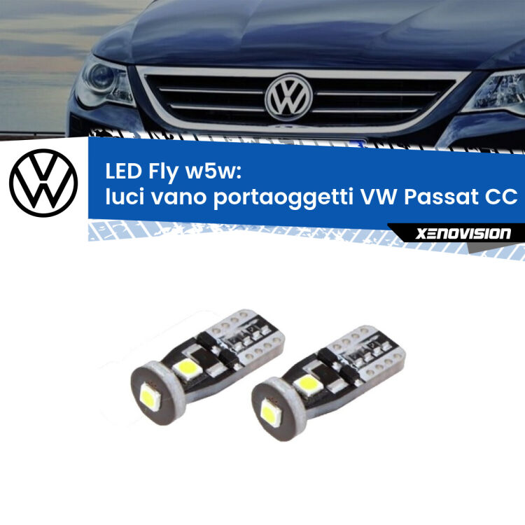 <strong>luci vano portaoggetti LED per VW Passat CC</strong> 357 2008 - 2012. Coppia lampadine <strong>w5w</strong> Canbus compatte modello Fly Xenovision.