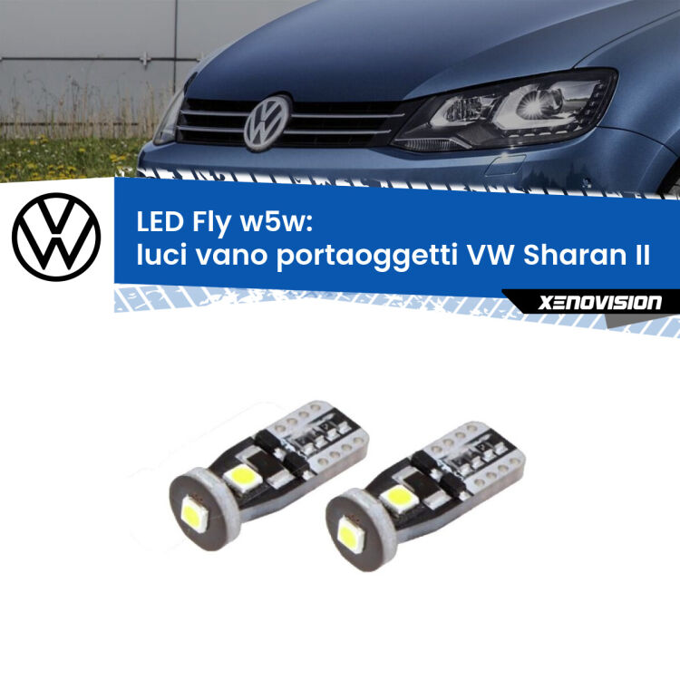 <strong>luci vano portaoggetti LED per VW Sharan</strong> II 2010 - 2019. Coppia lampadine <strong>w5w</strong> Canbus compatte modello Fly Xenovision.