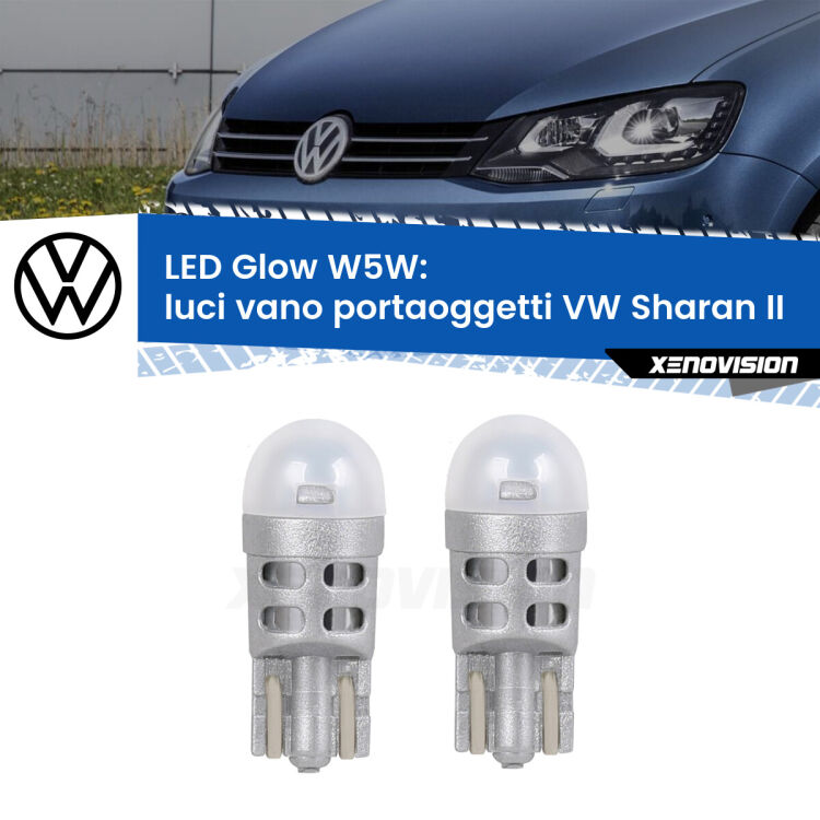 <strong>Luci Vano Portaoggetti LED luce calda per VW Sharan</strong> II 2010 - 2019. Coppia lampade <strong>W5W</strong> modello Glow di Xenovision.