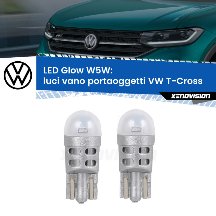 <strong>Luci Vano Portaoggetti LED luce calda per VW T-Cross</strong>  in poi. Coppia lampade <strong>W5W</strong> modello Glow di Xenovision.