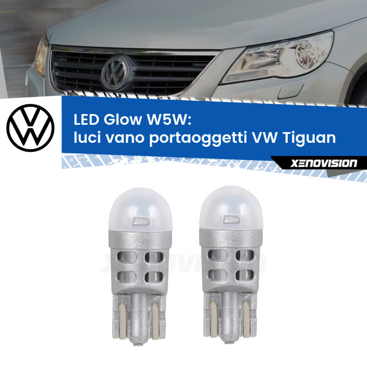 <strong>Luci Vano Portaoggetti LED luce calda per VW Tiguan</strong>  2007 - 2018. Coppia lampade <strong>W5W</strong> modello Glow di Xenovision.