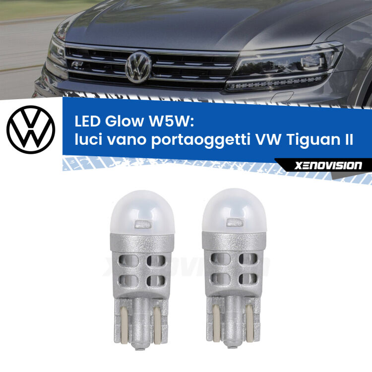 <strong>Luci Vano Portaoggetti LED luce calda per VW Tiguan</strong> II 2016 in poi. Coppia lampade <strong>W5W</strong> modello Glow di Xenovision.