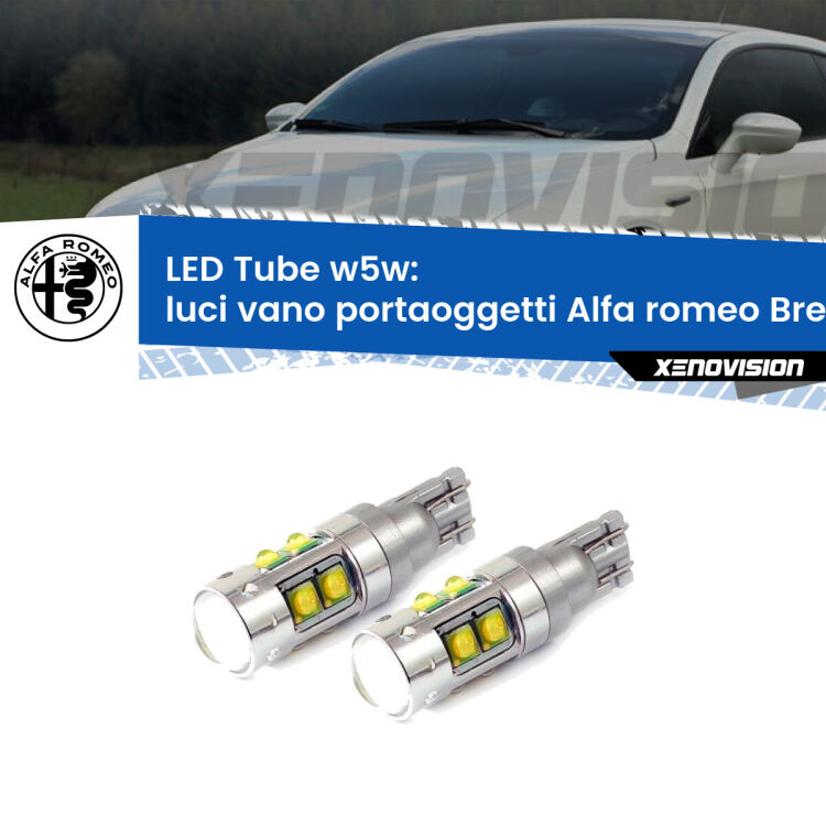 <strong>Luci Vano Portaoggetti LED 6000k per Alfa romeo Brera</strong>  2006 - 2010. Lampadine <strong>W5W</strong> canbus modello Tube, luce bianco lunare, lunga durata e compatibilità.