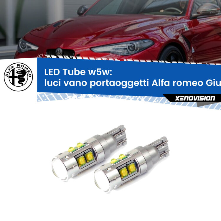 <strong>Luci Vano Portaoggetti LED 6000k per Alfa romeo Giulia</strong>  2015 in poi. Lampadine <strong>W5W</strong> canbus modello Tube, luce bianco lunare, lunga durata e compatibilità.