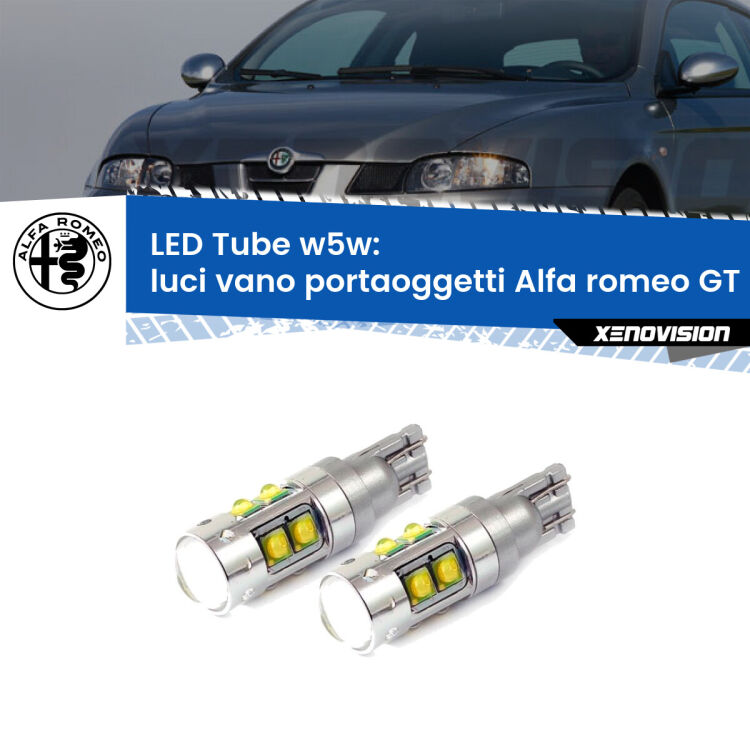 <strong>Luci Vano Portaoggetti LED 6000k per Alfa romeo GT</strong>  2003 - 2010. Lampadine <strong>W5W</strong> canbus modello Tube, luce bianco lunare, lunga durata e compatibilità.