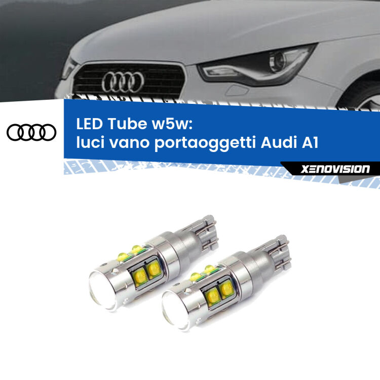 <strong>Luci Vano Portaoggetti LED 6000k per Audi A1</strong>  2010 - 2018. Lampadine <strong>W5W</strong> canbus modello Tube, luce bianco lunare, lunga durata e compatibilità.