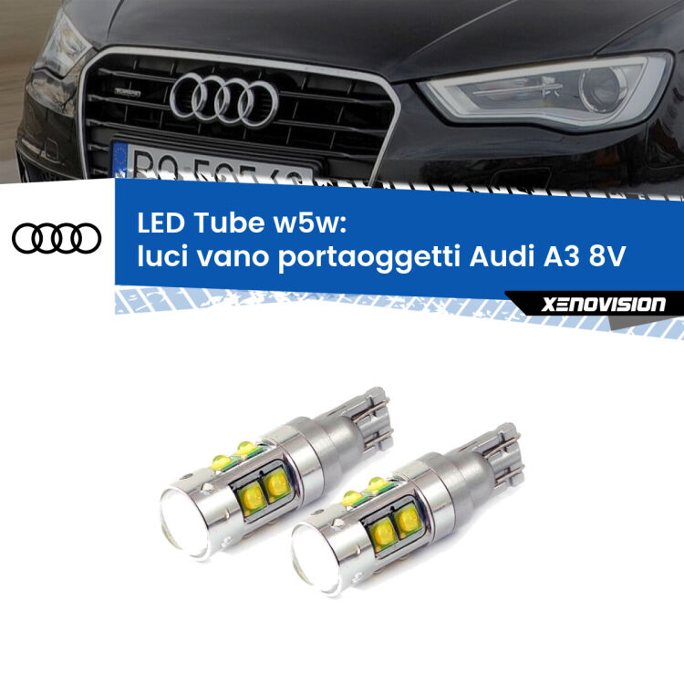 <strong>Luci Vano Portaoggetti LED 6000k per Audi A3</strong> 8V 2013 - 2020. Lampadine <strong>W5W</strong> canbus modello Tube, luce bianco lunare, lunga durata e compatibilità.