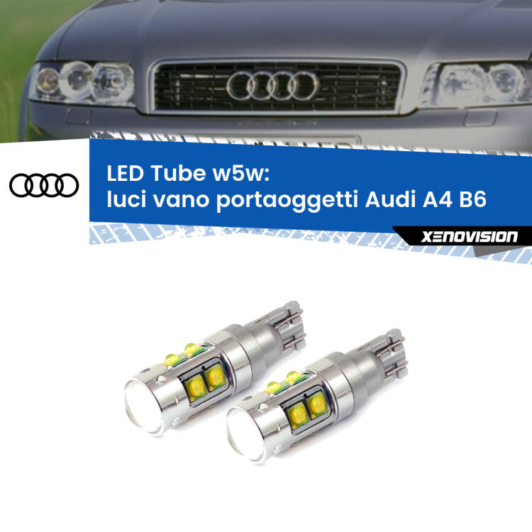 <strong>Luci Vano Portaoggetti LED 6000k per Audi A4</strong> B6 2000 - 2004. Lampadine <strong>W5W</strong> canbus modello Tube, luce bianco lunare, lunga durata e compatibilità.