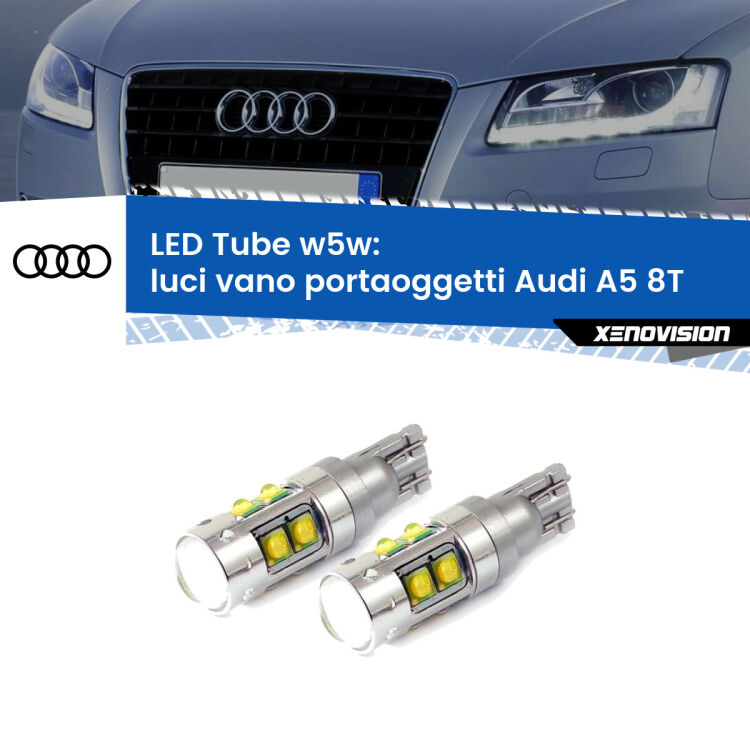 <strong>Luci Vano Portaoggetti LED 6000k per Audi A5</strong> 8T 2007 - 2017. Lampadine <strong>W5W</strong> canbus modello Tube, luce bianco lunare, lunga durata e compatibilità.