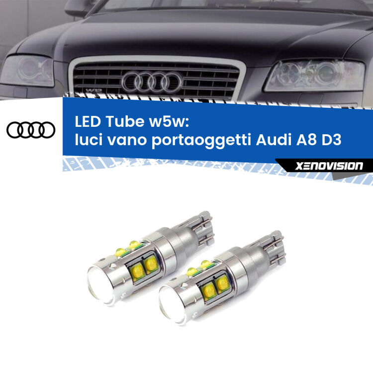 <strong>Luci Vano Portaoggetti LED 6000k per Audi A8</strong> D3 2002 - 2009. Lampadine <strong>W5W</strong> canbus modello Tube, luce bianco lunare, lunga durata e compatibilità.