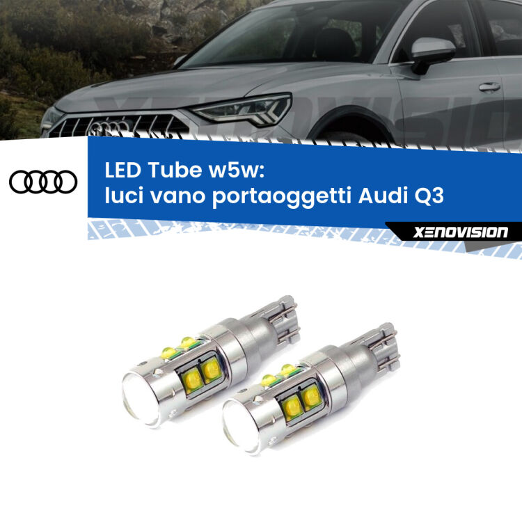 <strong>Luci Vano Portaoggetti LED 6000k per Audi Q3</strong>  2011 - 2018. Lampadine <strong>W5W</strong> canbus modello Tube, luce bianco lunare, lunga durata e compatibilità.