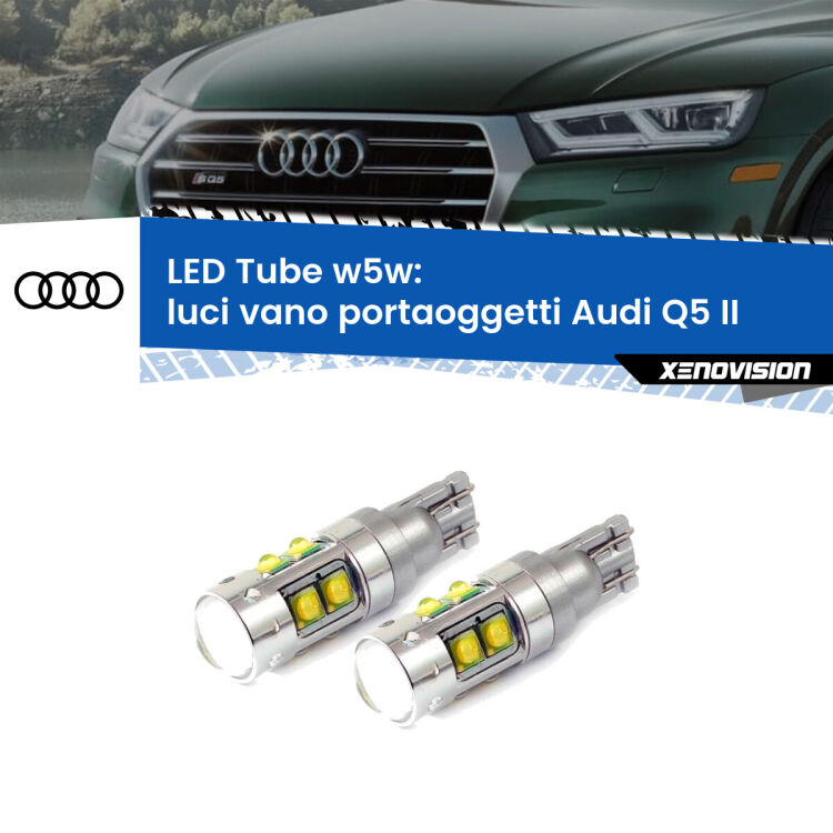 <strong>Luci Vano Portaoggetti LED 6000k per Audi Q5</strong> II 2018 in poi. Lampadine <strong>W5W</strong> canbus modello Tube, luce bianco lunare, lunga durata e compatibilità.