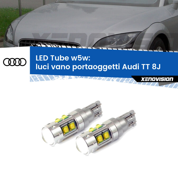 <strong>Luci Vano Portaoggetti LED 6000k per Audi TT</strong> 8J 2006 - 2014. Lampadine <strong>W5W</strong> canbus modello Tube, luce bianco lunare, lunga durata e compatibilità.