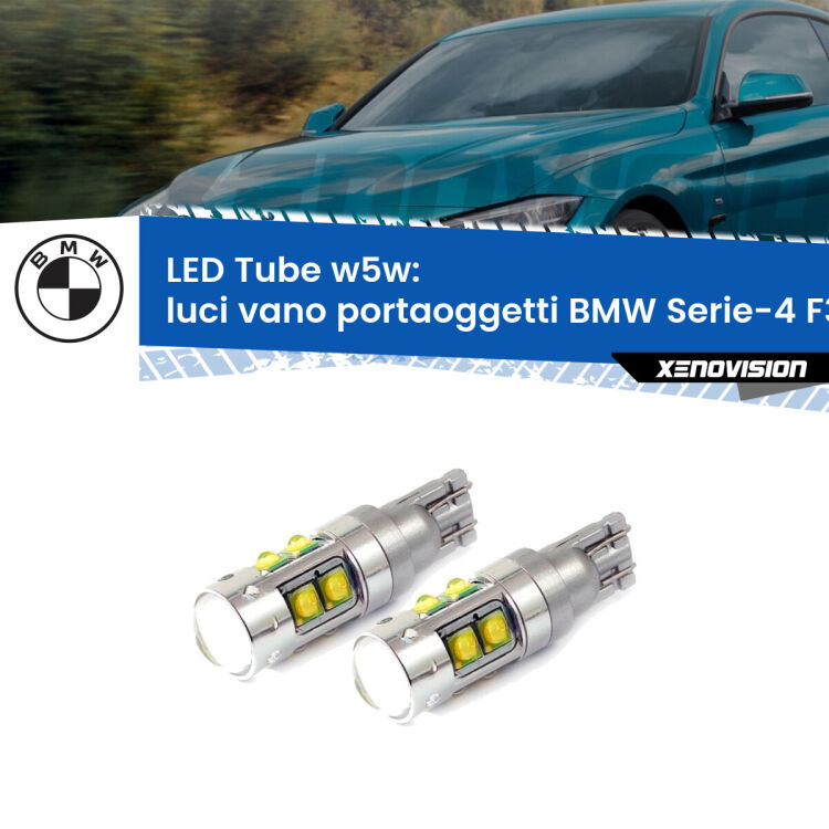 <strong>Luci Vano Portaoggetti LED 6000k per BMW Serie-4</strong> F32, F82 2013 - 2019. Lampadine <strong>W5W</strong> canbus modello Tube, luce bianco lunare, lunga durata e compatibilità.