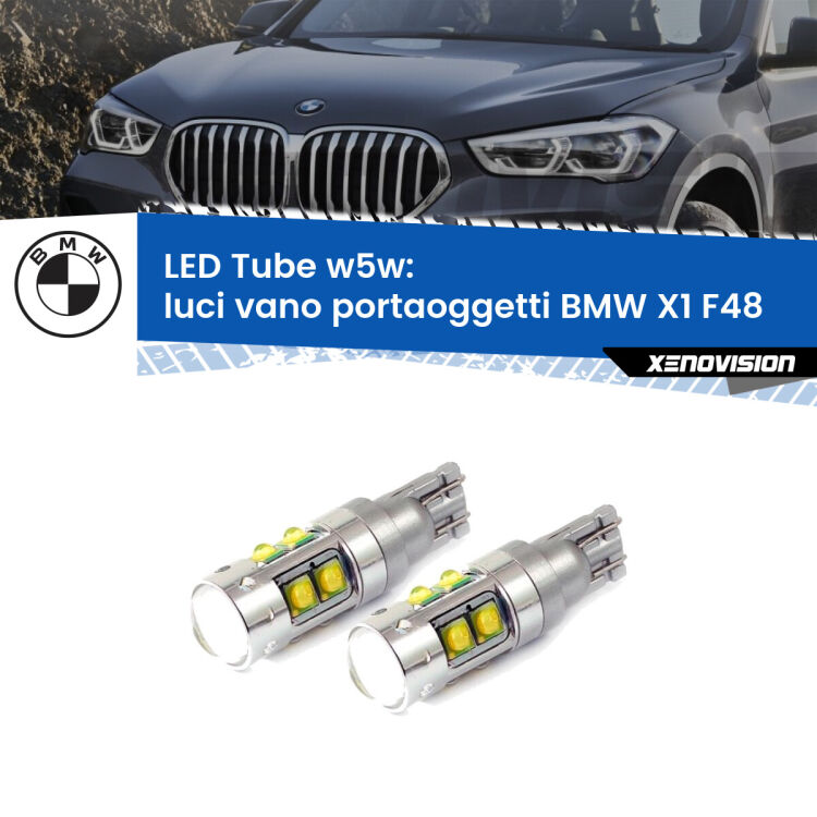 <strong>Luci Vano Portaoggetti LED 6000k per BMW X1</strong> F48 2016 - 2021. Lampadine <strong>W5W</strong> canbus modello Tube, luce bianco lunare, lunga durata e compatibilità.