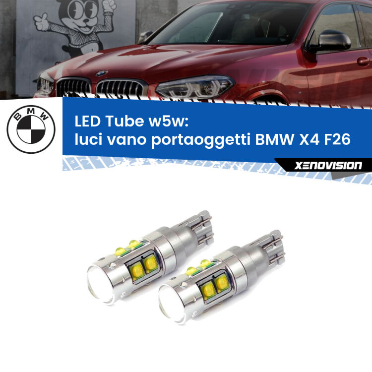 <strong>Luci Vano Portaoggetti LED 6000k per BMW X4</strong> F26 2014 - 2017. Lampadine <strong>W5W</strong> canbus modello Tube, luce bianco lunare, lunga durata e compatibilità.