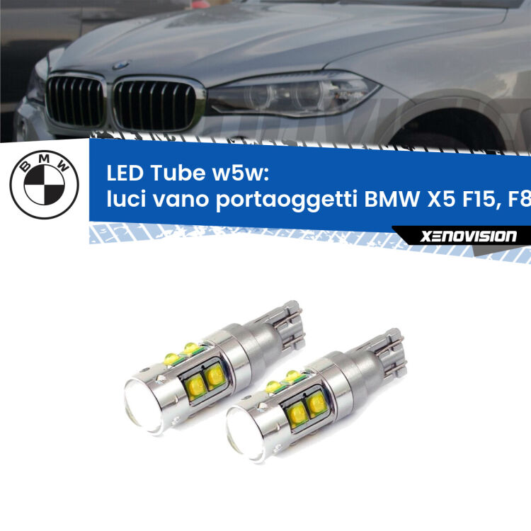 <strong>Luci Vano Portaoggetti LED 6000k per BMW X5</strong> F15, F85 2014 - 2018. Lampadine <strong>W5W</strong> canbus modello Tube, luce bianco lunare, lunga durata e compatibilità.