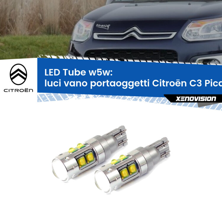 <strong>Luci Vano Portaoggetti LED 6000k per Citroën C3 Picasso</strong>  2009 - 2016. Lampadine <strong>W5W</strong> canbus modello Tube, luce bianco lunare, lunga durata e compatibilità.