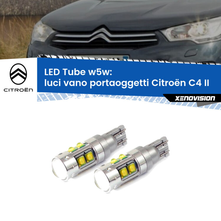 <strong>Luci Vano Portaoggetti LED 6000k per Citroën C4</strong> II 2009 - 2016. Lampadine <strong>W5W</strong> canbus modello Tube, luce bianco lunare, lunga durata e compatibilità.