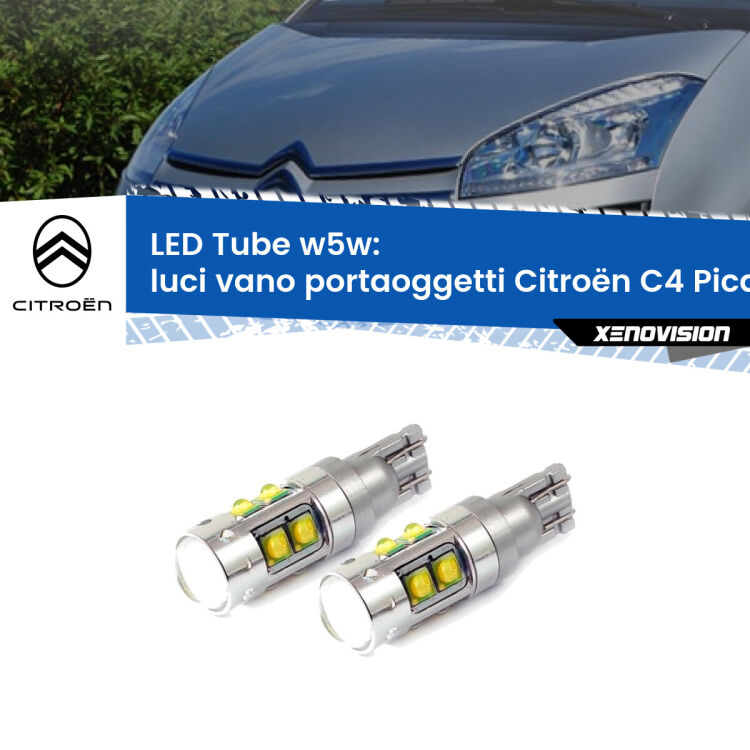 <strong>Luci Vano Portaoggetti LED 6000k per Citroën C4 Picasso</strong>  2006 - 2013. Lampadine <strong>W5W</strong> canbus modello Tube, luce bianco lunare, lunga durata e compatibilità.