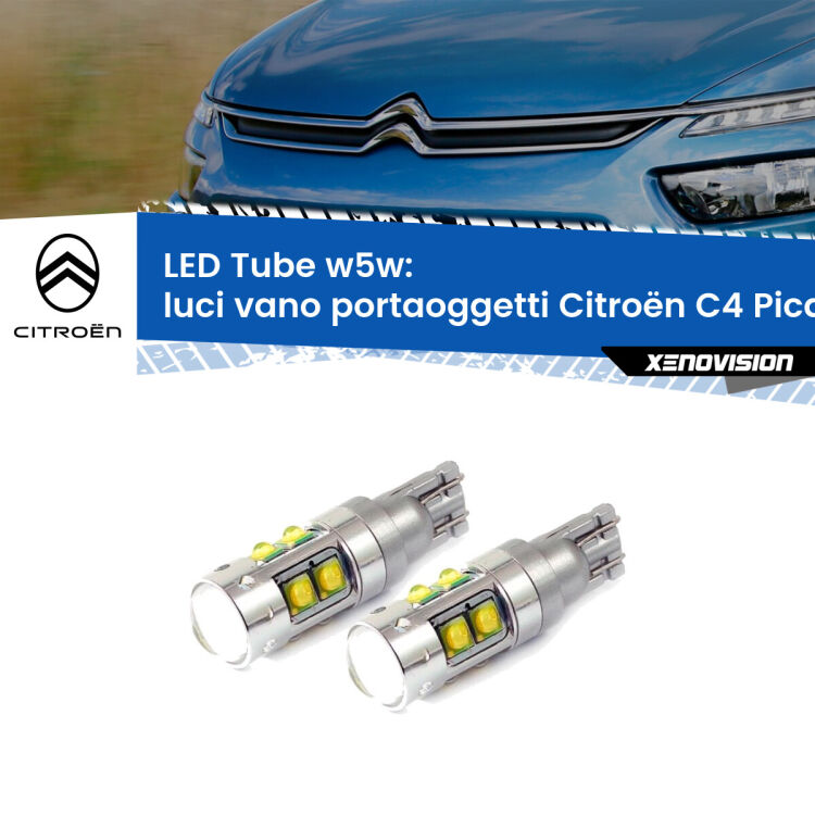 <strong>Luci Vano Portaoggetti LED 6000k per Citroën C4 Picasso</strong> II 2013 in poi. Lampadine <strong>W5W</strong> canbus modello Tube, luce bianco lunare, lunga durata e compatibilità.