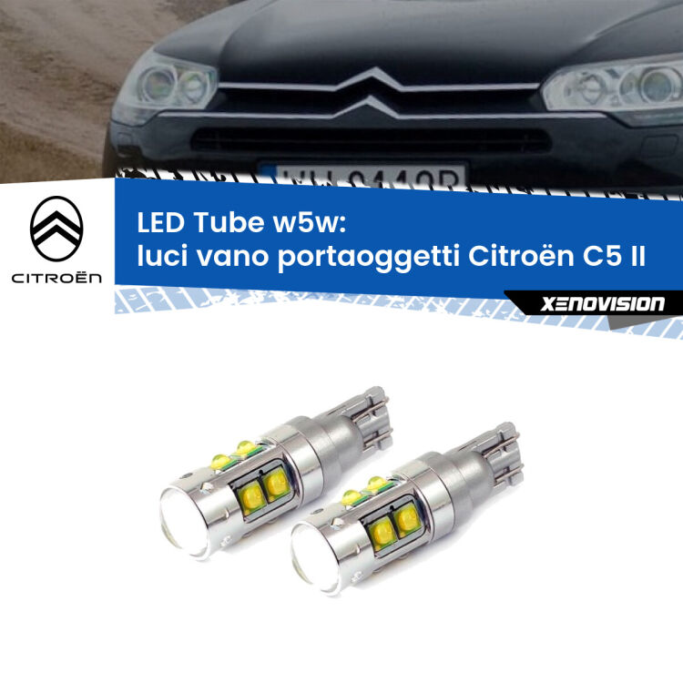 <strong>Luci Vano Portaoggetti LED 6000k per Citroën C5</strong> II 2008 - 2014. Lampadine <strong>W5W</strong> canbus modello Tube, luce bianco lunare, lunga durata e compatibilità.