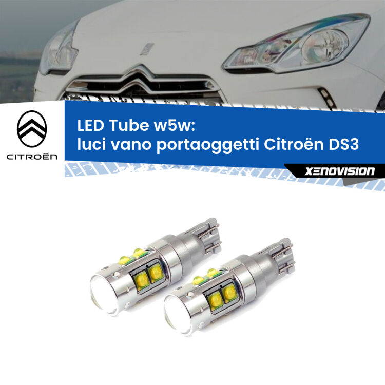 <strong>Luci Vano Portaoggetti LED 6000k per Citroën DS3</strong>  2009 - 2015. Lampadine <strong>W5W</strong> canbus modello Tube, luce bianco lunare, lunga durata e compatibilità.