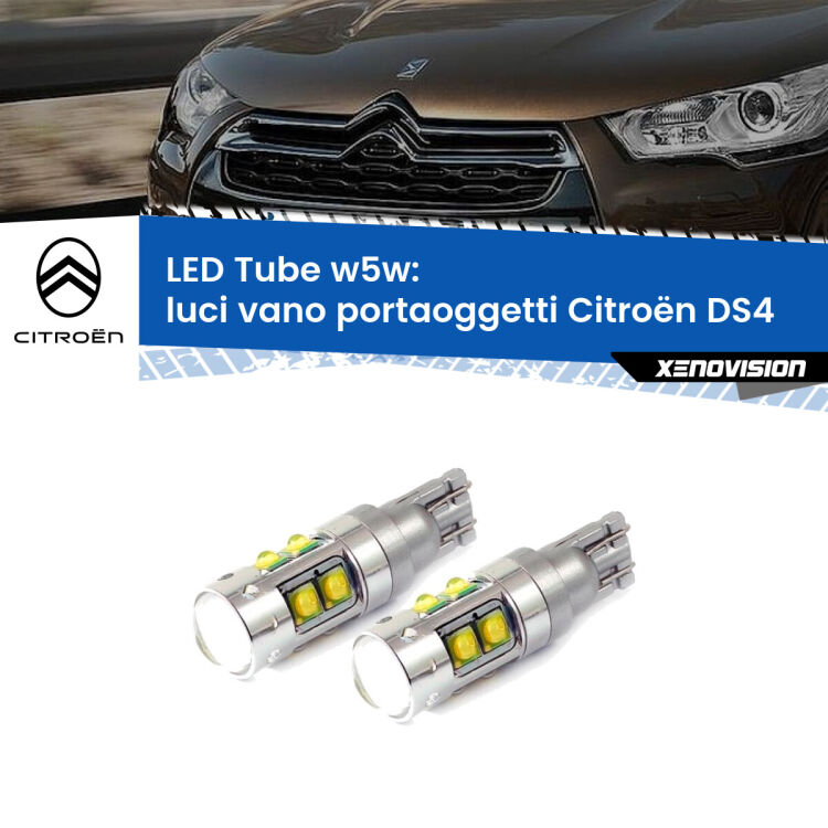 <strong>Luci Vano Portaoggetti LED 6000k per Citroën DS4</strong>  2011 - 2015. Lampadine <strong>W5W</strong> canbus modello Tube, luce bianco lunare, lunga durata e compatibilità.