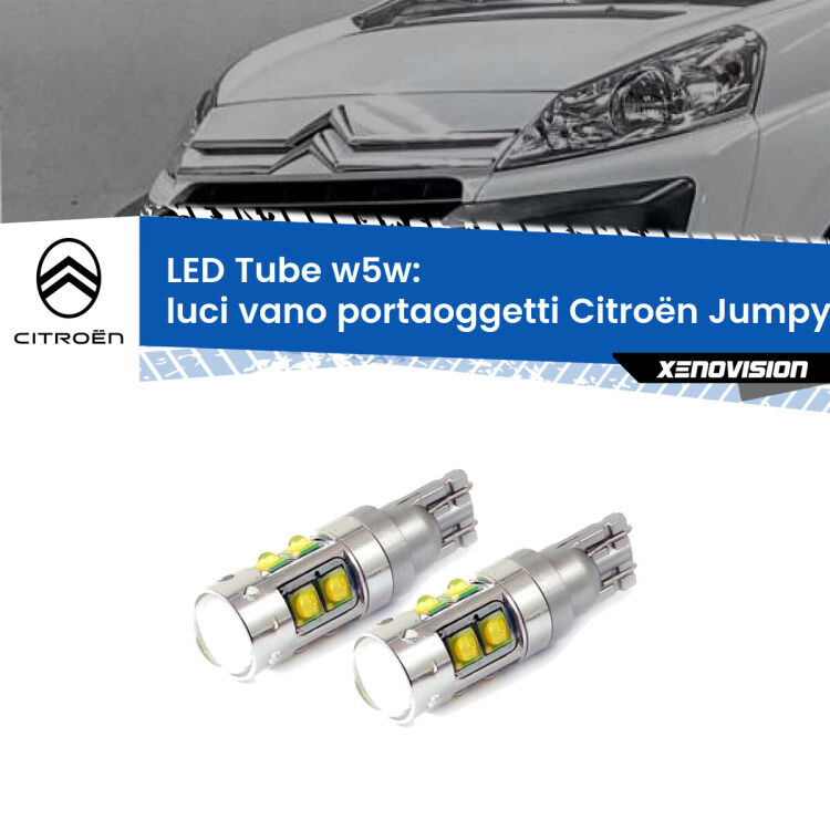 <strong>Luci Vano Portaoggetti LED 6000k per Citroën Jumpy</strong> II 2006 - 2015. Lampadine <strong>W5W</strong> canbus modello Tube, luce bianco lunare, lunga durata e compatibilità.