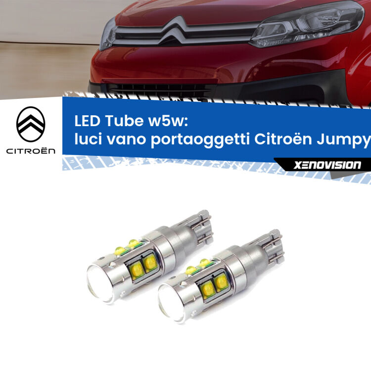 <strong>Luci Vano Portaoggetti LED 6000k per Citroën Jumpy</strong> III 2016 in poi. Lampadine <strong>W5W</strong> canbus modello Tube, luce bianco lunare, lunga durata e compatibilità.