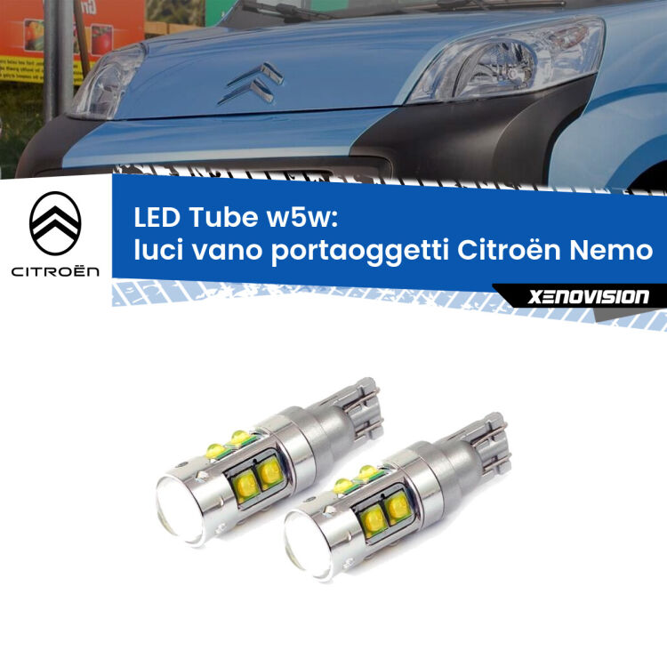 <strong>Luci Vano Portaoggetti LED 6000k per Citroën Nemo</strong>  2008 in poi. Lampadine <strong>W5W</strong> canbus modello Tube, luce bianco lunare, lunga durata e compatibilità.