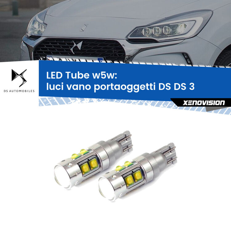 <strong>Luci Vano Portaoggetti LED 6000k per DS DS 3</strong>  2015 in poi. Lampadine <strong>W5W</strong> canbus modello Tube, luce bianco lunare, lunga durata e compatibilità.