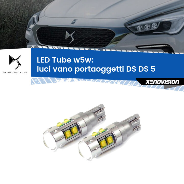 <strong>Luci Vano Portaoggetti LED 6000k per DS DS 5</strong>  2015 in poi. Lampadine <strong>W5W</strong> canbus modello Tube, luce bianco lunare, lunga durata e compatibilità.