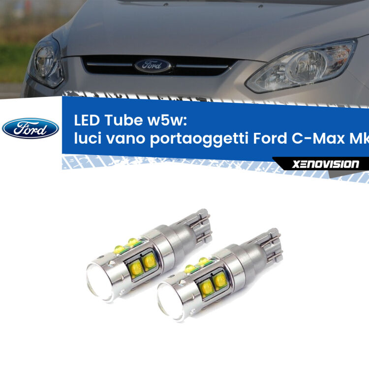 <strong>Luci Vano Portaoggetti LED 6000k per Ford C-Max</strong> Mk2 2011 - 2019. Lampadine <strong>W5W</strong> canbus modello Tube, luce bianco lunare, lunga durata e compatibilità.