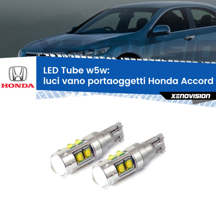 <strong>Luci Vano Portaoggetti LED 6000k per Honda Accord</strong> Mk6 1997 - 2002. Lampadine <strong>W5W</strong> canbus modello Tube, luce bianco lunare, lunga durata e compatibilità.