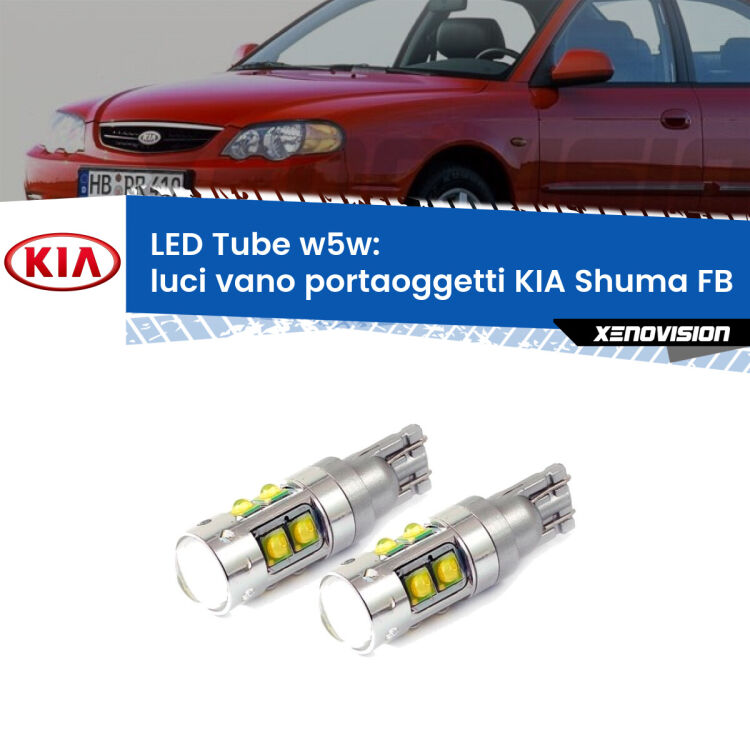 <strong>Luci Vano Portaoggetti LED 6000k per KIA Shuma</strong> FB 1997 - 2000. Lampadine <strong>W5W</strong> canbus modello Tube, luce bianco lunare, lunga durata e compatibilità.